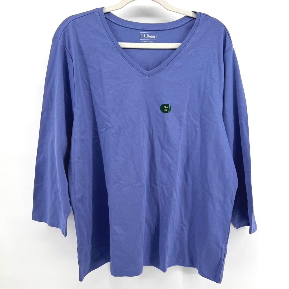 LL Bean T-Shirt Women 2X Plus Blue Pima Cotton V-Neck 3/4 Sleeve Basic Layering